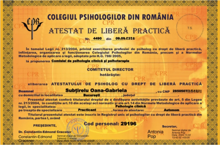 Atestat de liberă practică – Colegiul Psihologilor din România